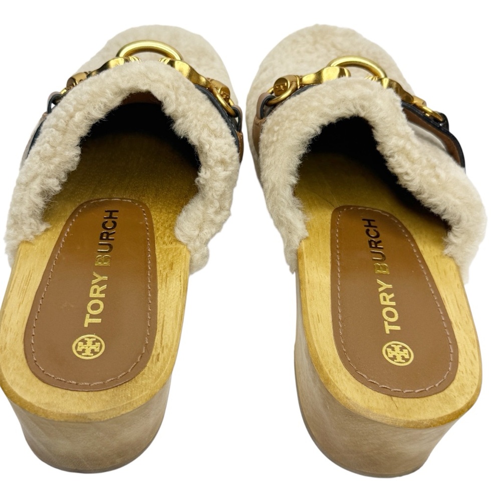 TORY BURCH Jessa Shearling Horse-Head Wooden‎ Clog Mule Size 5 1/2 - Picture 3 of 11